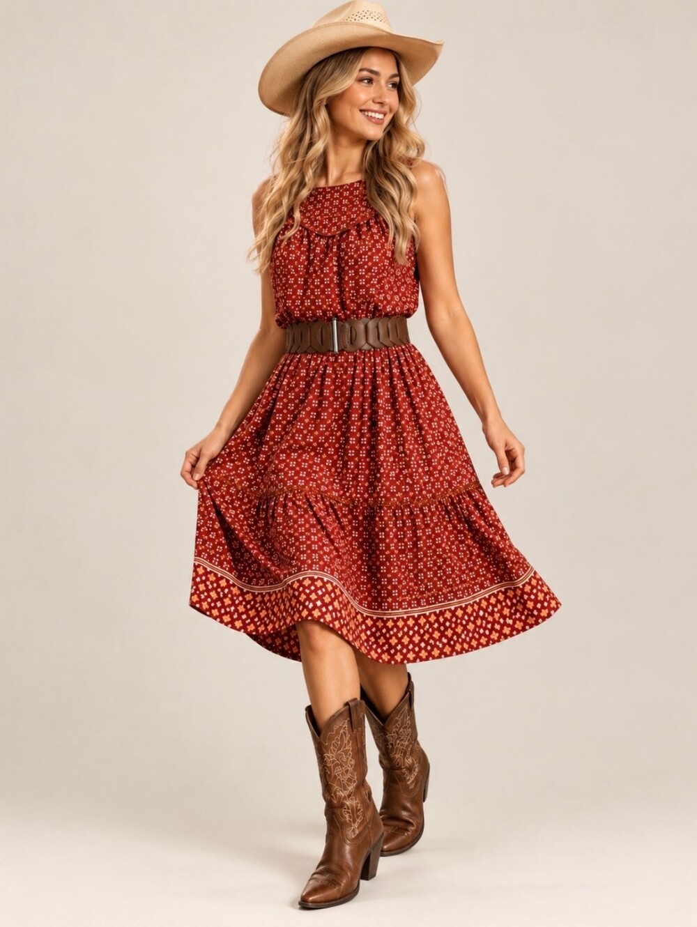 Max Studio Red &White Ditsy Print Sleeveless Tiered Dress w Criss-Cross Detail